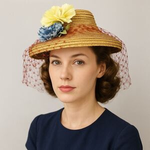 Vintage 1950s Straw Hat w/ Veil & Flowers Cream & Blue Millinery Fascinator Net